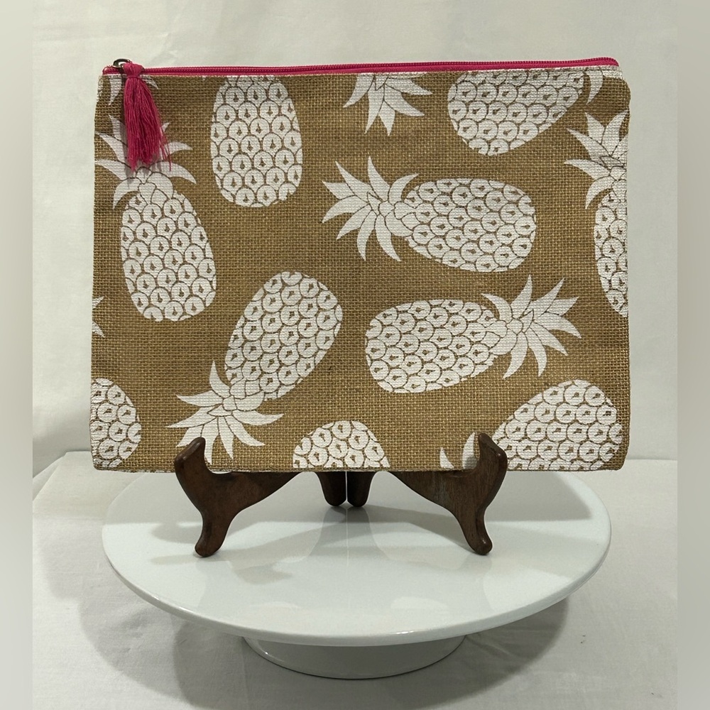 Mud Pie - Pineapple Burlap Bag with Pink Zipper & Tassel